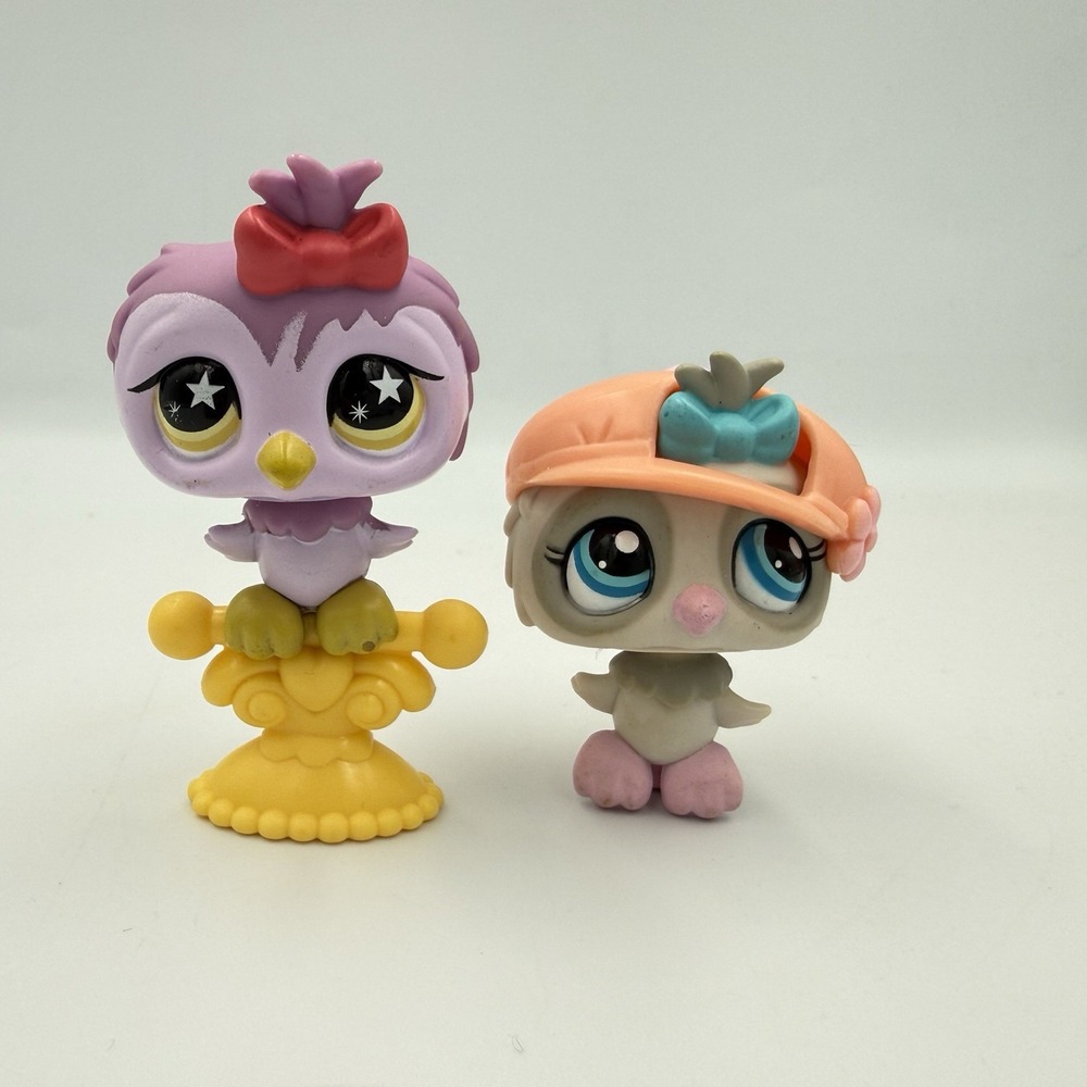 Littlest Pet Shop LPS # 1476 Grey Owl BLUE Bow Eyes & Hat #841 Purple Owl Perch - Picture 2 of 12